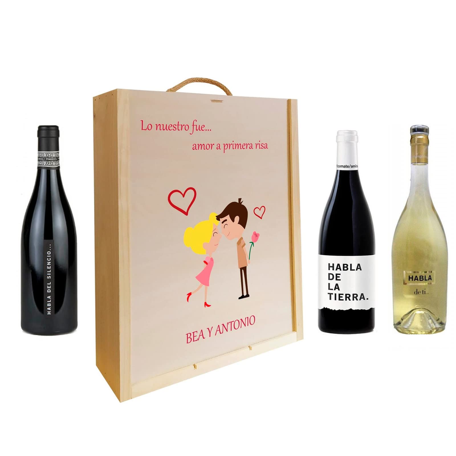 Deliex delicias de Extremadura. Caja de vinos Habla del Silencio personalizada para regalar, personalizamos la tapa de madera con foto, logo o texto a todo color, regalos originales para hombres