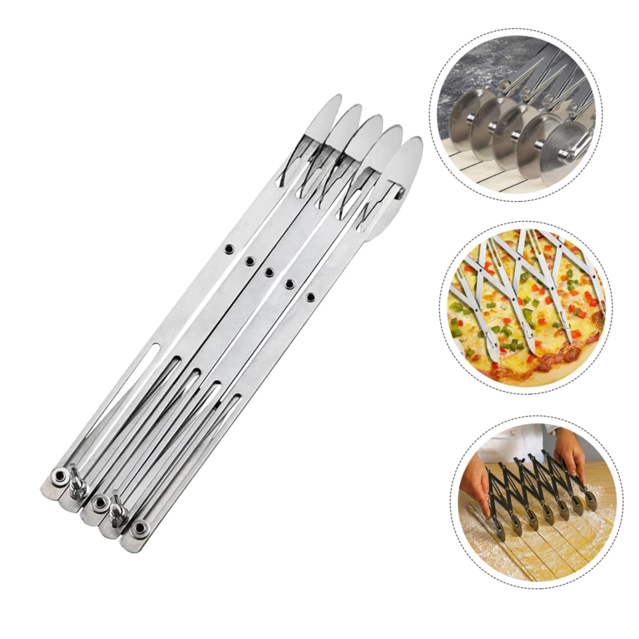 Amosfun Couteau Pâtisserie 5 Roues en Acier Inoxydable Argenté, Coupe-pâte Ajustable, Outil Essentiel Cuisine Moderne, Trancheuse à Pizza Pratique et Résistante Lave-vaisselle