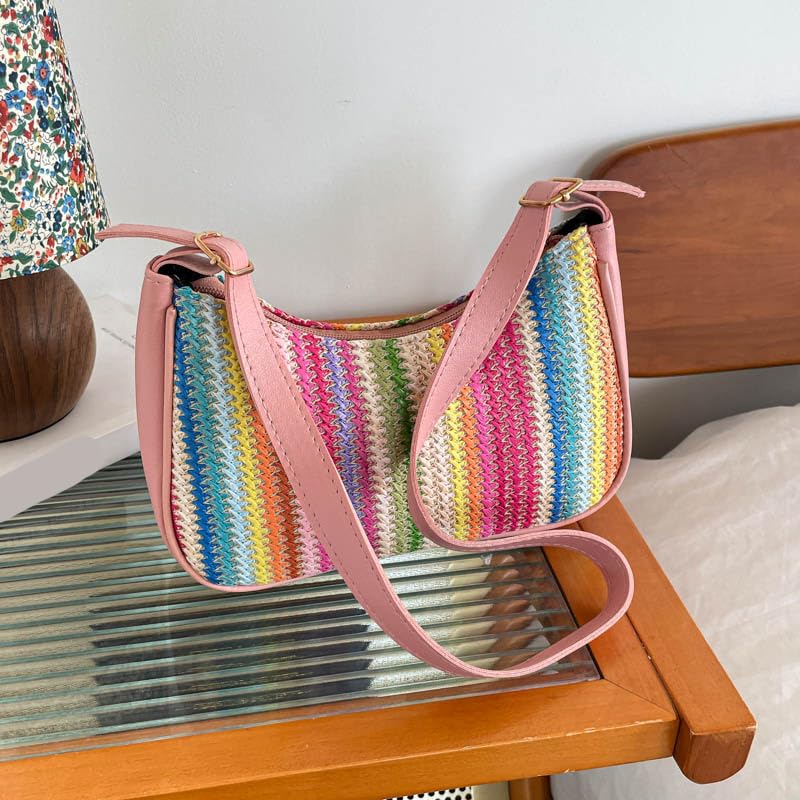 Borsa a tracolla da spiaggia da donna, grande capacità, in paglia | EcoGleam Borsa a tracolla in paglia leggera con grande capacità, motivo a righe, 24 x 16 x 7 cm