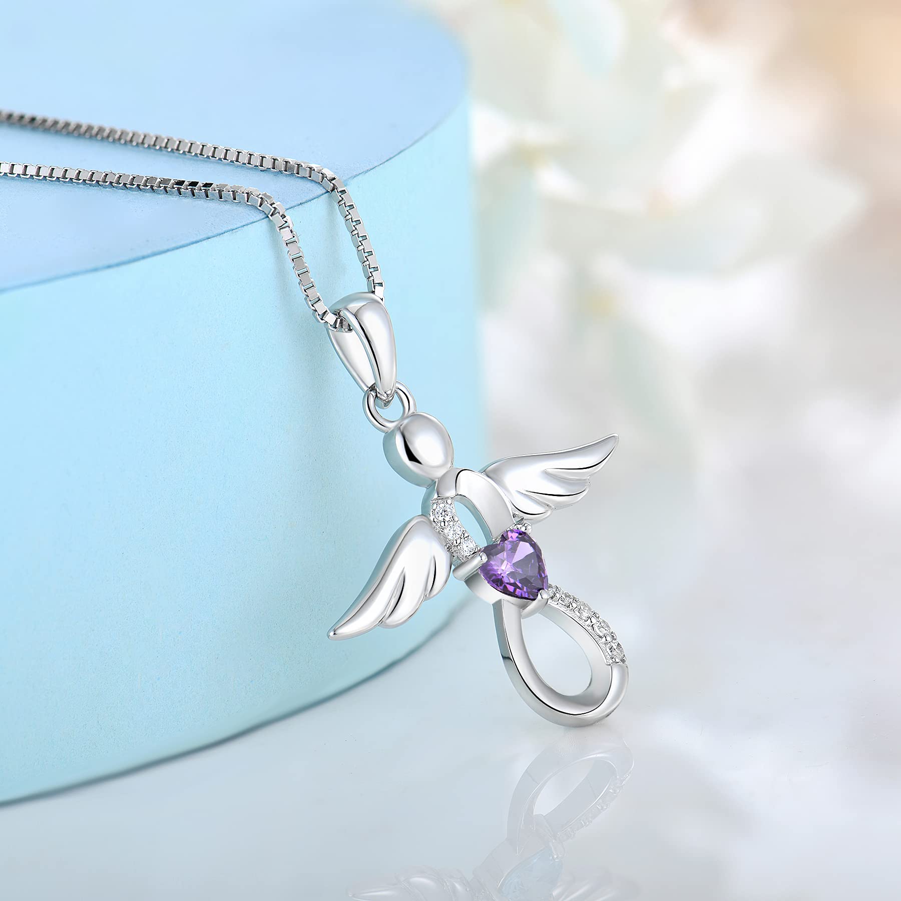 FJ Schutzengel Halskette Anhänger 925 Sterling Silber Infinity Unendlichkeit Kette mit Zirkonia Geburtsstein Engel Schmuck Geschenke für Frauen Mädchen