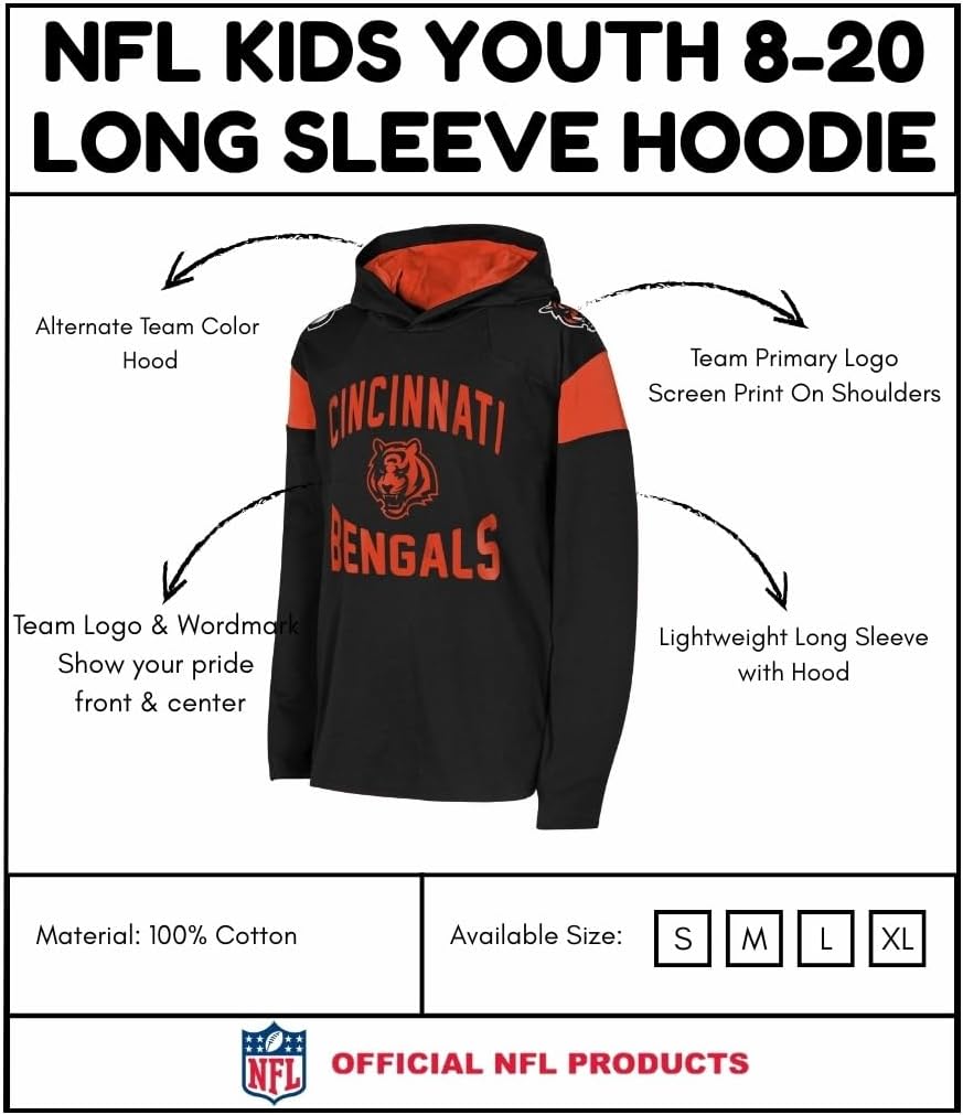 Outerstuff NFL Kids Youth 8-20 Official Licensed Team Color Primary Logo The Champ Lightweight Long Sleeve Football Hoodie