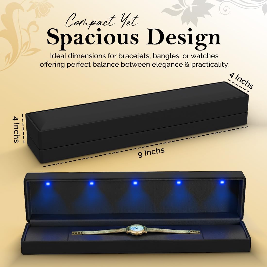 Elegant Luxury Bracelet Long Chain LED Light Jewelry Box for Display, Storage, Gift, Anniversary and Wedding. (Black) image 2