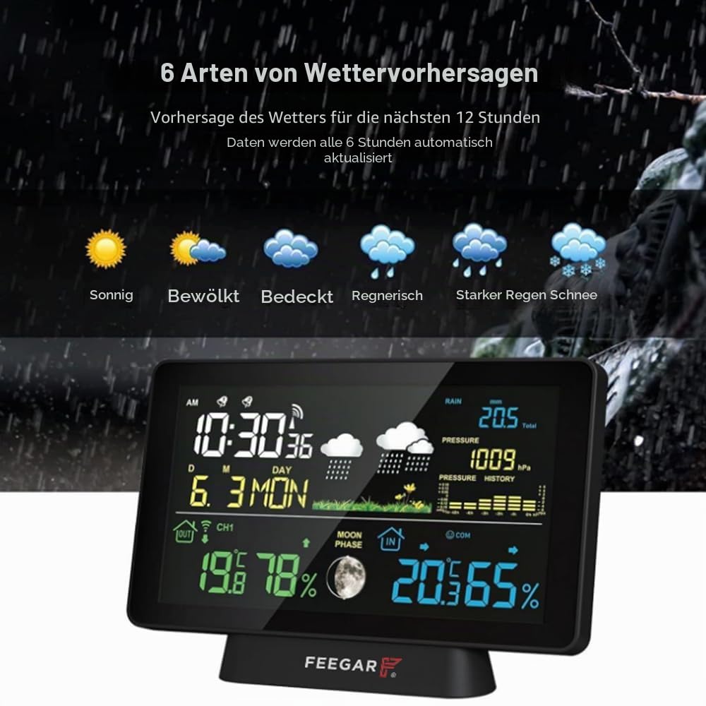 Wireless Weather Station with Digital Rain Gauge, Feegar Forecaster LCD 7,5" Indoor Outdoor Temperature Sensor, Hygrometer, Atomic Clock, Barometer, Digital DCF