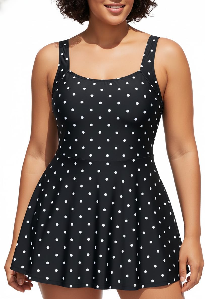 Ocean Blues Women's Tummy Control Swim Dress Full Coverage Modest Skirted Bathing Suit with Shorts