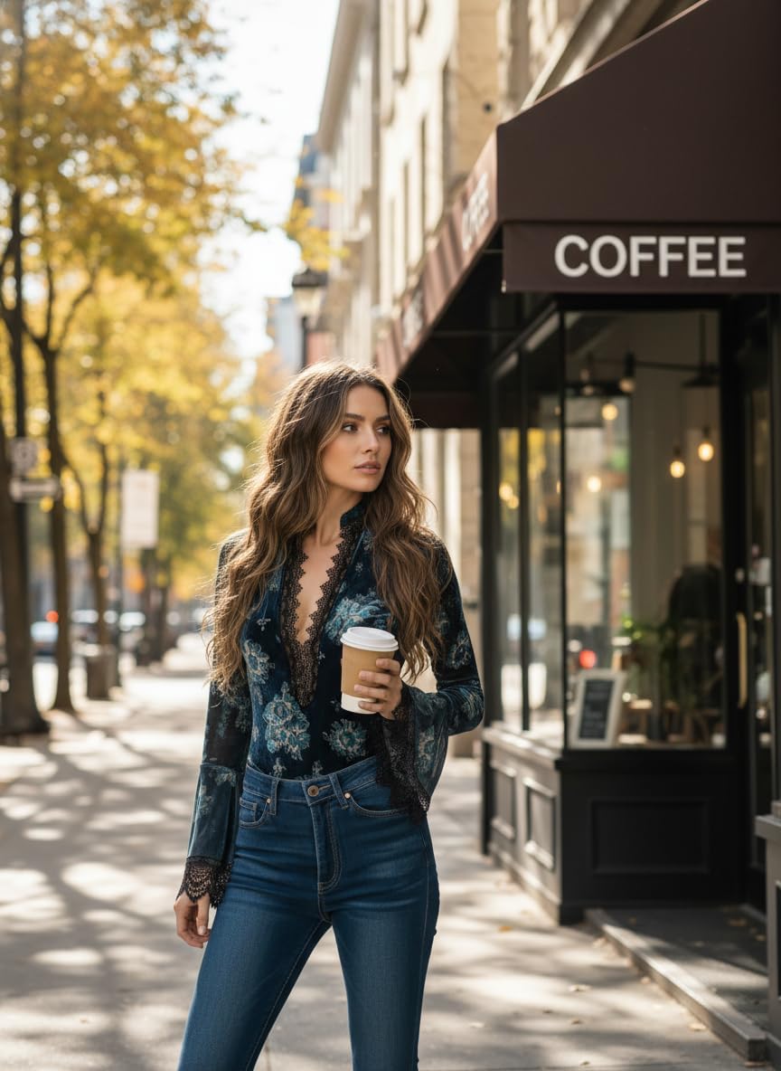 Lace Deep V Neck Velvet Blouse for Women Floral Print Lace Cuffs Long Flare Sleeve Blouse Tops - Image 5