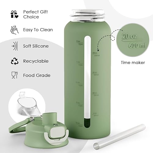 Miniatura 3 de SANDJEST Botella de agua de vidrio con funda de silicona de 24 onzas con tapa, marcador de tiempo motivacional, botellas de vidrio de hidratación
