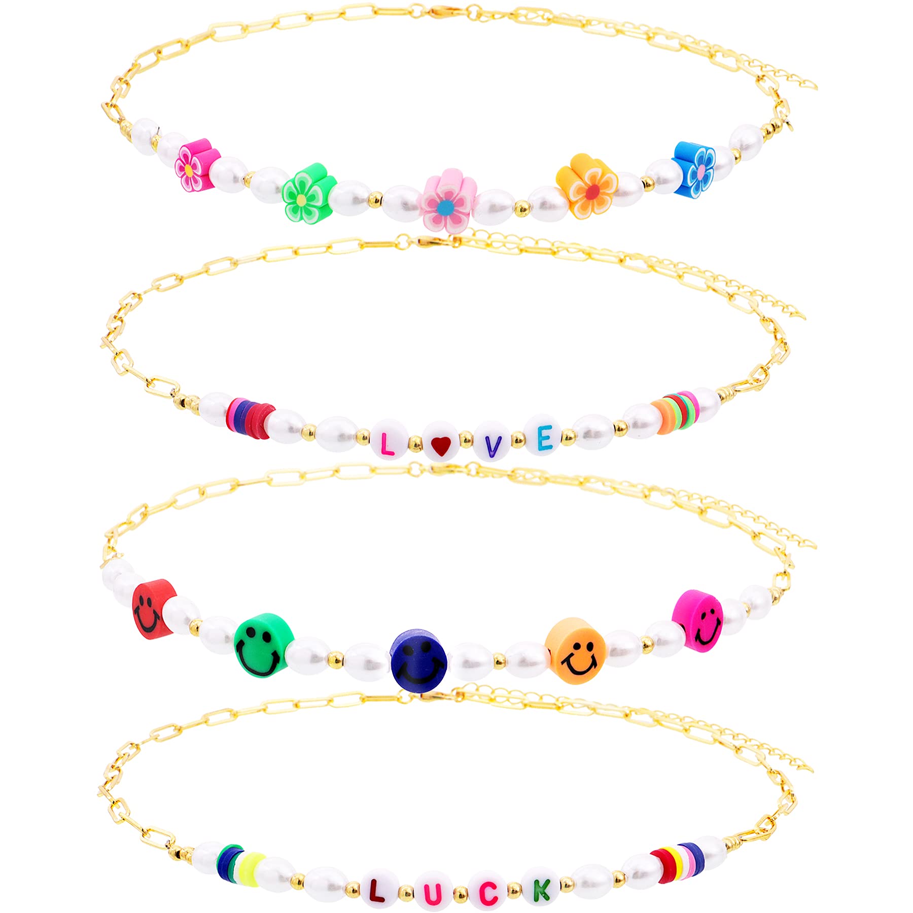 Biokia 4 Pcs Beaded Choker Beaded Necklace Y2k Choker Necklaces for Women Girls Handmade Boho Smiley Face Letter Flower Pearl Paper Clip Gold Necklace