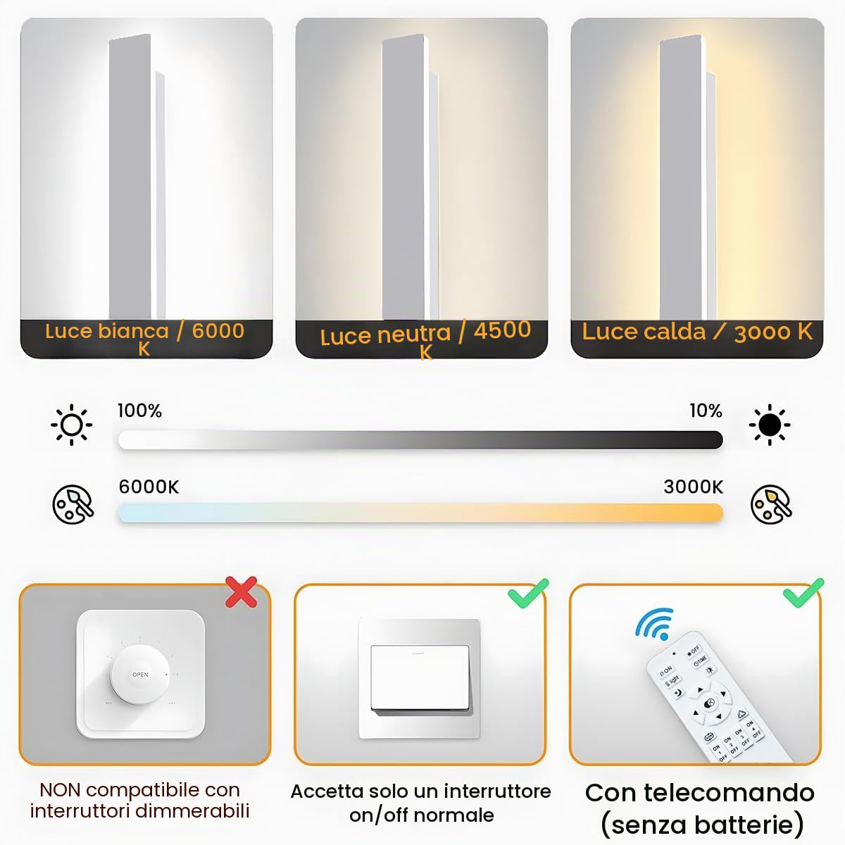 32W/80CM Applique da Parete LED Dimmerabile con Telecomando | Dimmerabile 10%-100%,3000K-6000K,Lampada da Parete Lunga Bianco 110-240V per Camera da Letto Soggiorno Hotel Scala Corridoio