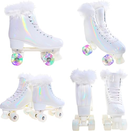 Miniatura 4 de JajaHoho Patines de ruedas para mujer, piel sintética blanca holográfica de alta calidad, patines de doble fila con cuatro ruedas brillantes de
