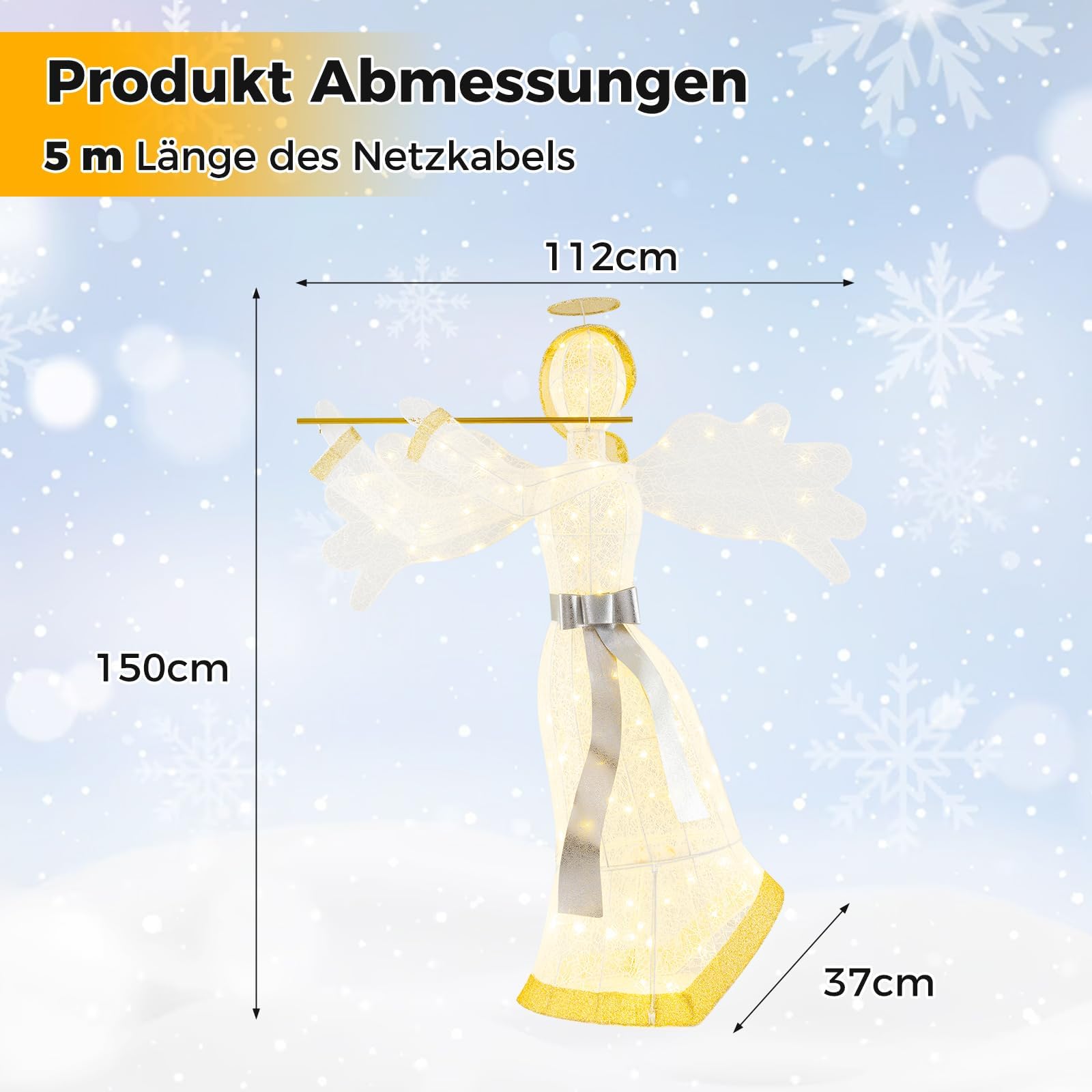 COSTWAY Weihnachtsengel beleuchtet groß, 150 cm Weihnachtsdeko mit 100 warmweißen LED-Lichtern, Weihnachtsfigur, Weihnachtsdekoration, Weihnachtsbeleuchtung für außen und innen