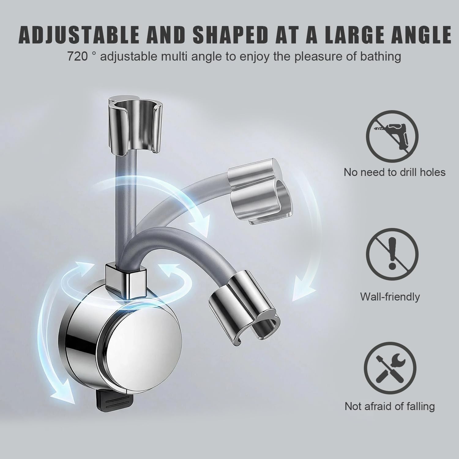 Supporto Soffione Doccia, Supporto Doccia, Supporti Docciato 360° Regolabile, Supporti Soffione Docciato Universale con Ventosa, Porta Doccino per Doccetta, Argento