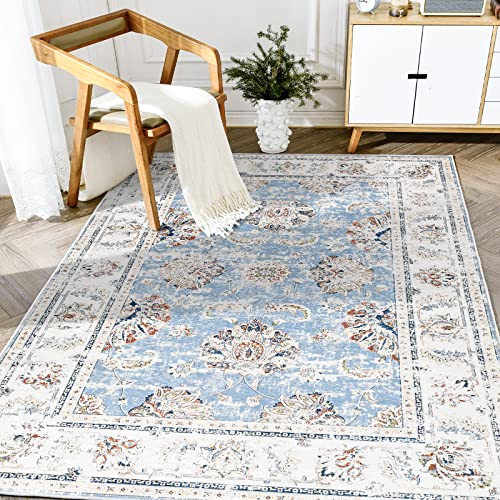 TOPICK Washbale Rug 120x180cm Large Floral Blue Rug Non Slip Lightweight Carept for Living Room Bedroom Dining Room