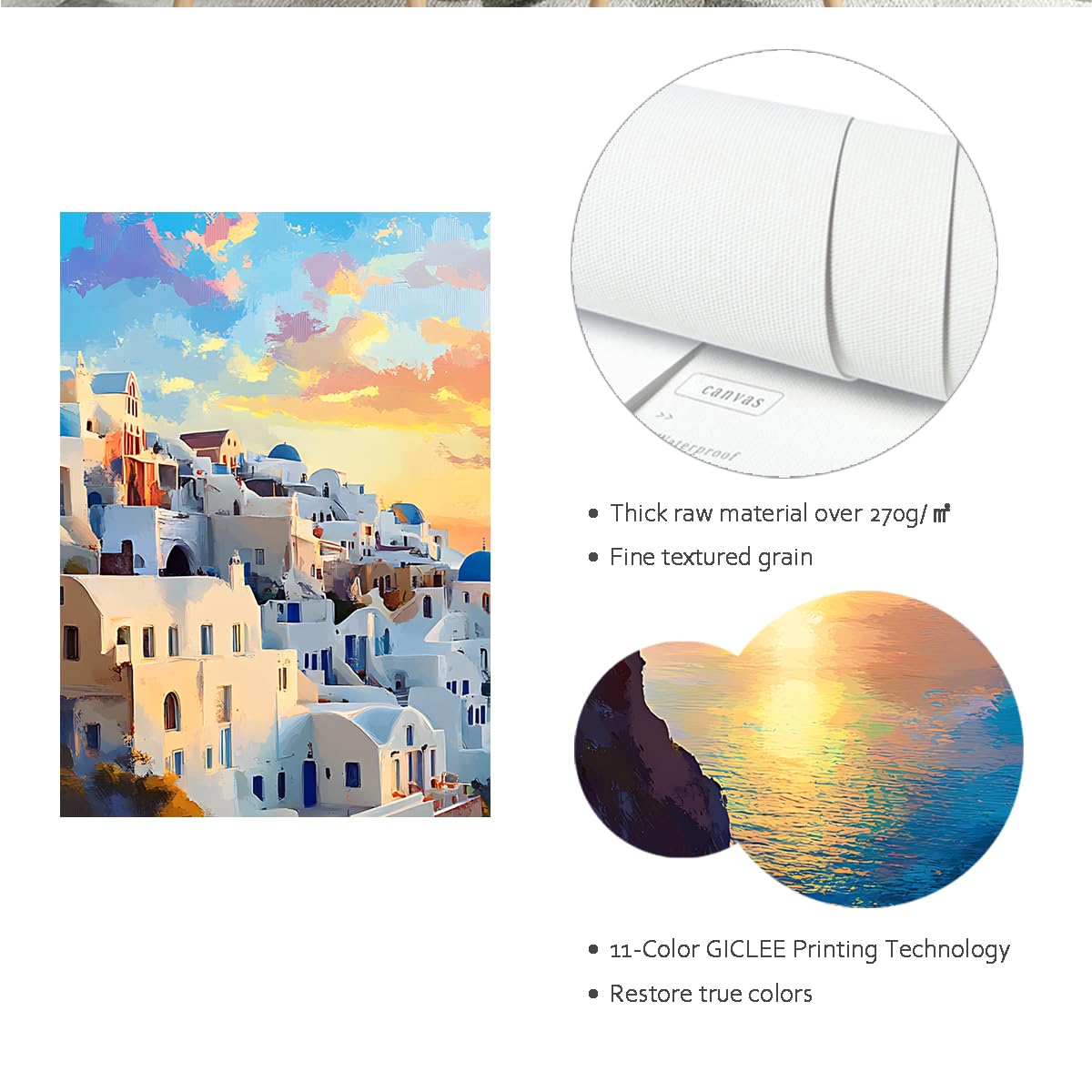 CHERHERART Architecture bleu-blanc Toile Art mural Coucher de soleil Village côtier Affiches Photos Peinture Œuvres d’art pour salle de bain 85x140cm Sans cadre