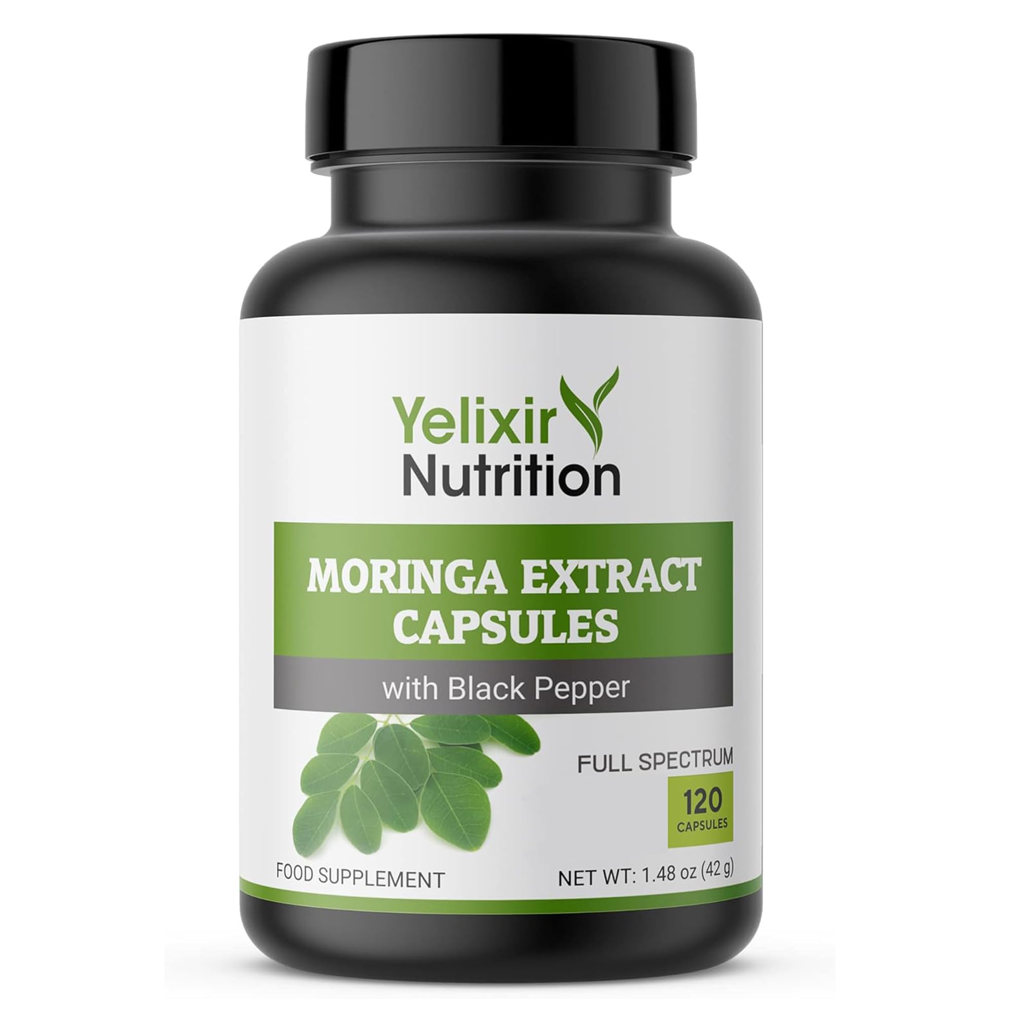 Moringa Capsules 5450mg, 120 Vegan Capsules, High Strength Moringa Leaf Extract with Black Pepper, Pure Formula with No Added Fillers