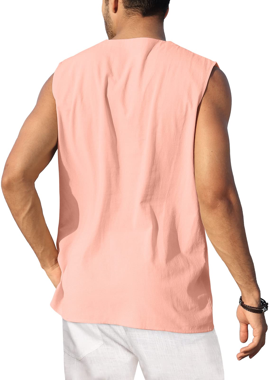 KUYIGO Gilet da uomo in cotone e lino, senza maniche, stile Henley, casual, con lacci, da spiaggia, hippie