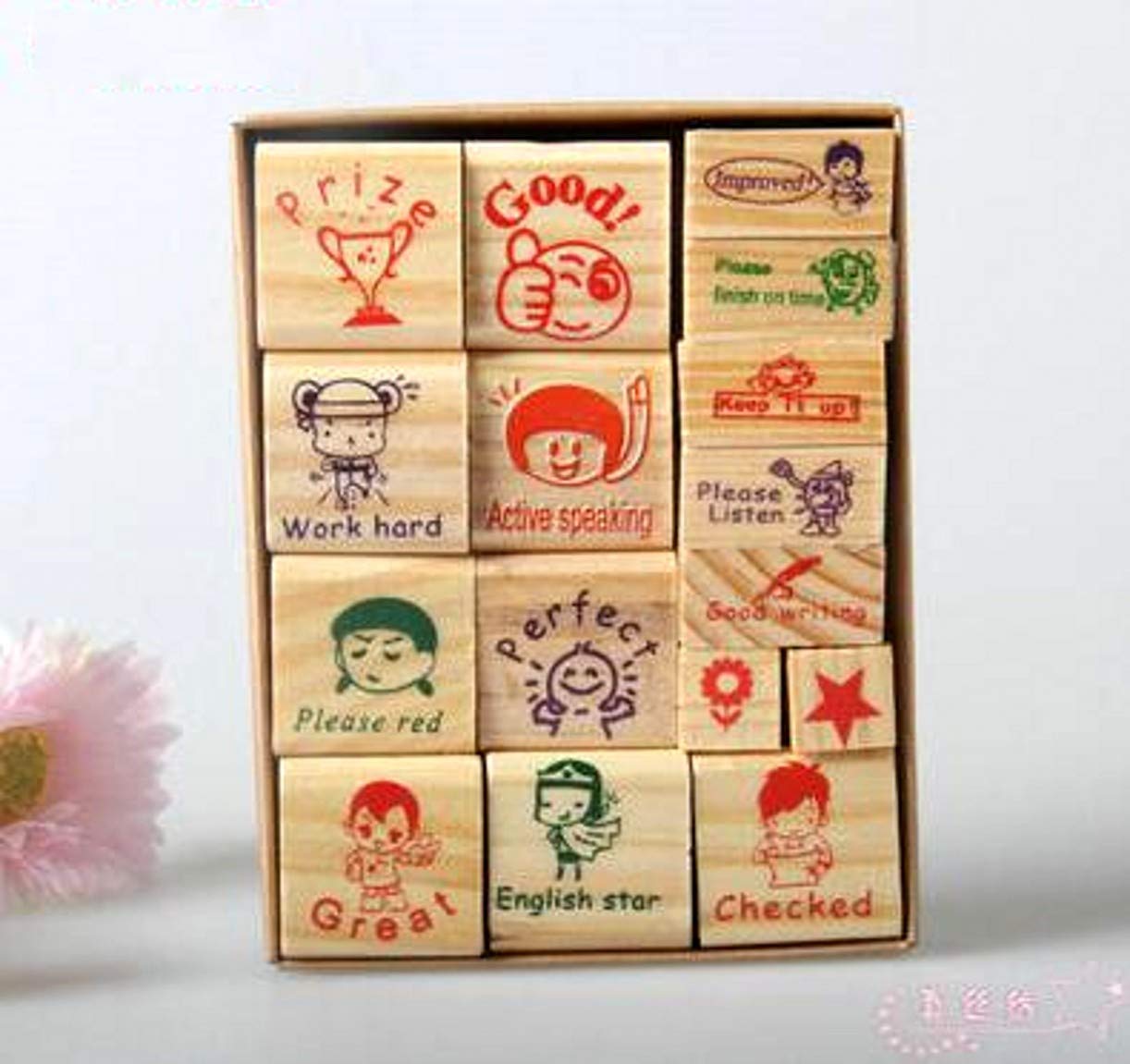 ZHONGJIUYUAN Pack of 15 Teachers Self-Inking Rubber Stamps Teacher Review Stamps Teacher' Encouragement Wooden Rubber Cartoon Stamp Set