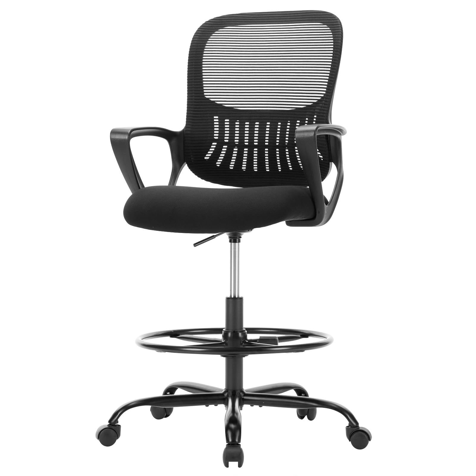 Sweetcrispy Home Office Drafting Chair - Ergonomic High Stool Computer with Adjustable Height and Comfy Lumbar Support, Tall Rolling Task for Standing Desk with Fixed Arm and Footrest, Dark Black