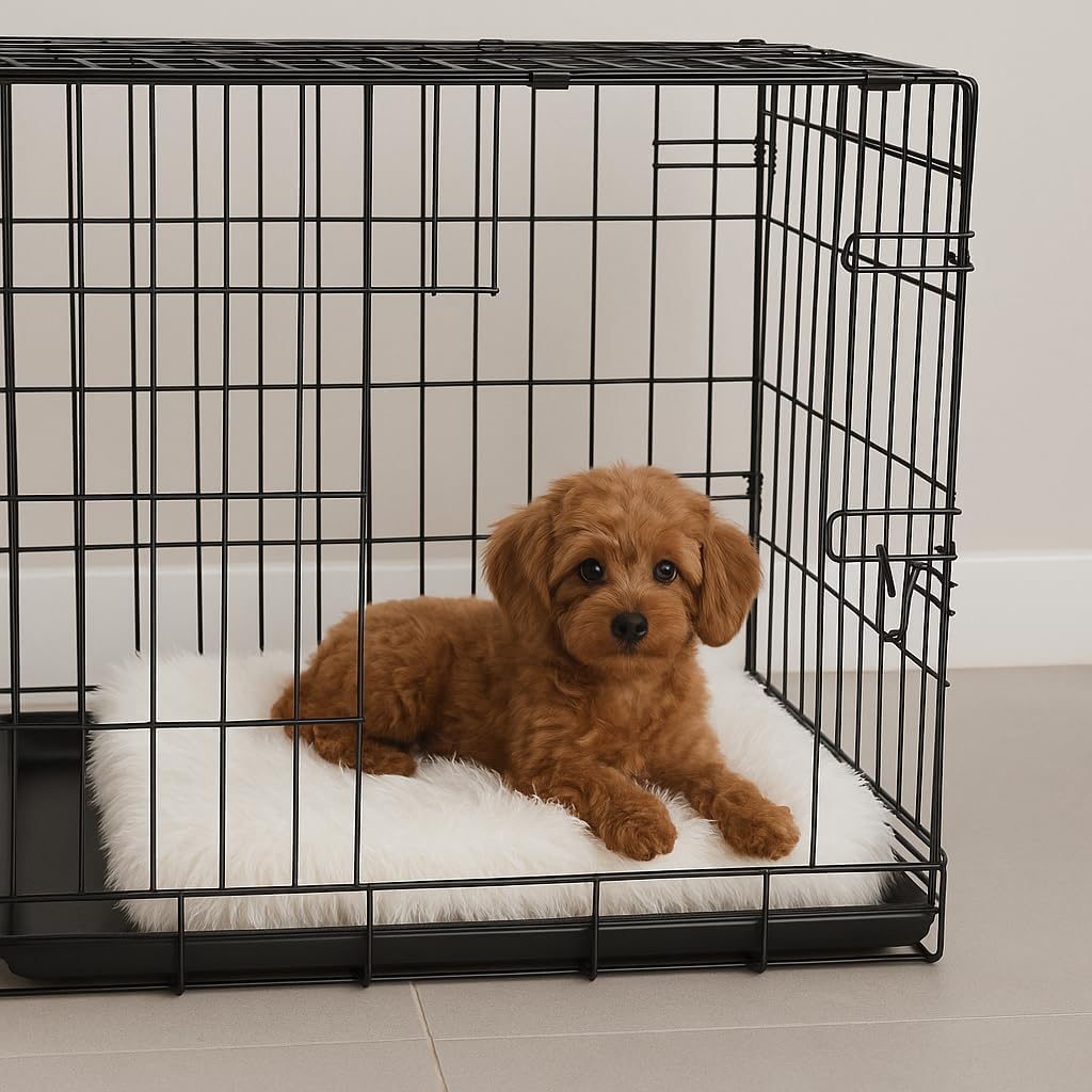 IHAPPYDOG Luxury Faux Fur Orthopedic Dog Beds, Memory Foam Crate Bed for​ Small, Medium, Large and XL Pets, Fluffy Pet Bed with Waterproof ​and ​Washable Cover, Fits Crates (White, 35" x 23")
