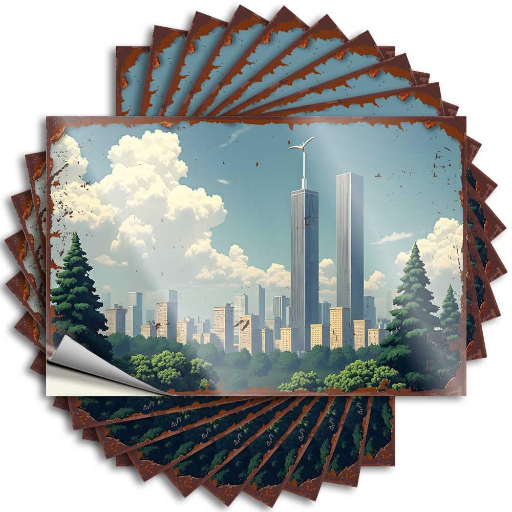 Car Stickers and Decals Urban Skyline with Twin Towers and Lush Forest Stickers 10Pcs Toolbox Stickers and Decals Decal Stickers for Car(6X9CM)
