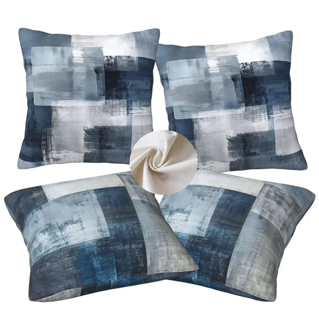 Kissenbezug 50x50 4er Set Leinen Kissenbezüge Blau Dekorative Sofakissen Zierkissen Vintage Couchkissen Outdoor Kissen Zierkissenbezüge Deko Kissen für Sofa Schlafzimmer Wohnzimmer Balkon -LI642