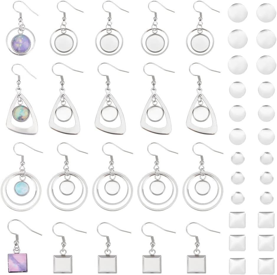 UNICRAFTALE 12 Pairs 4 Styles Glass Blank Dome Dangle Earrings 304 Stainless Steel Earring Bezel Settings Triangle Ring Square Cabochon Base Trays DIY Ear Hooks Findings for Jewelry Making