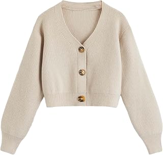 SweatyRocks Girl's Long Sleeve Drop Shoulder V Neck Button Front Ribbed Knit Cardigan Sweaters