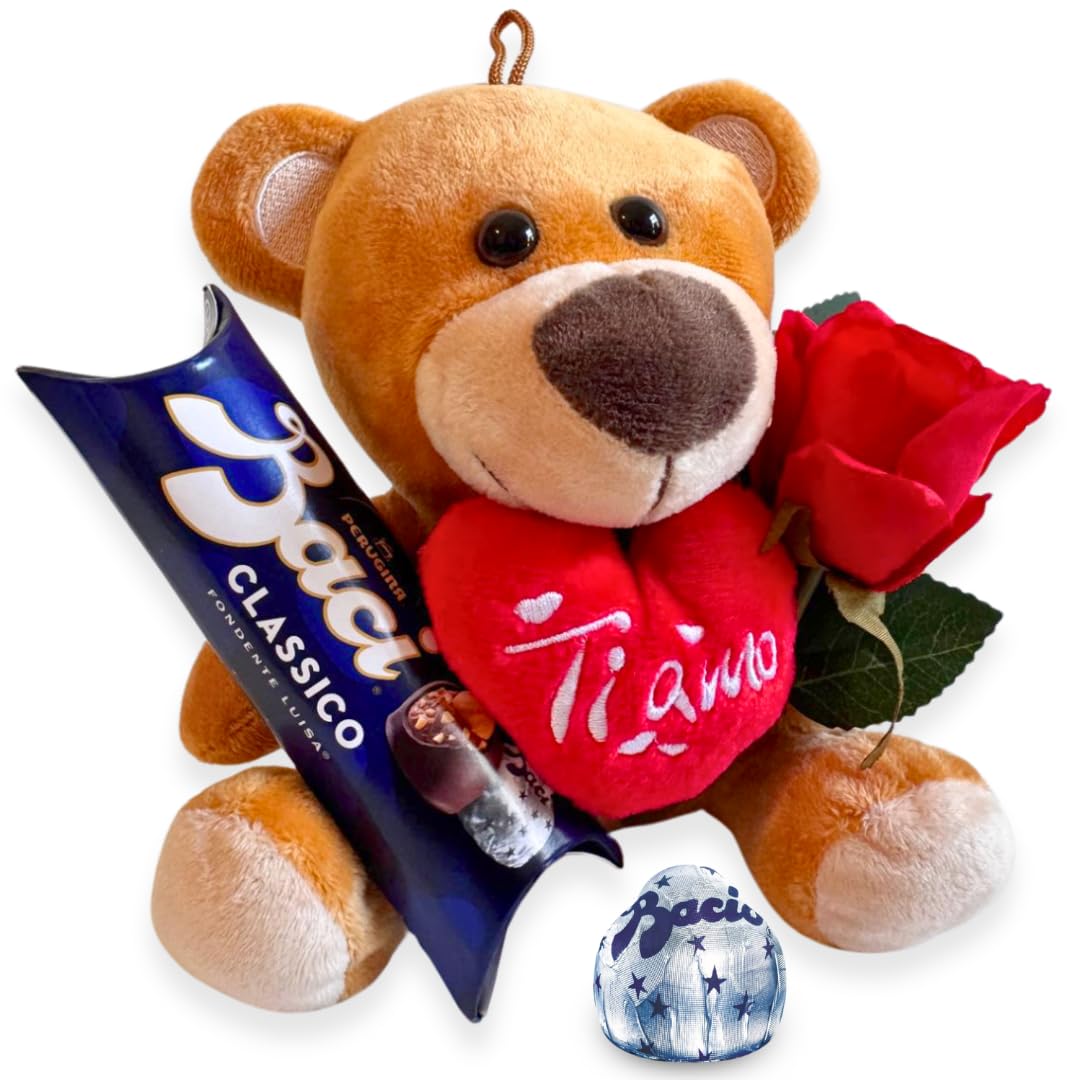 Baci Perugina Regalo Originale Festa della Mamma 2025 - Orsacchiotto + 37,5grammi Baci Perugina Tubino + Rosa Rossa