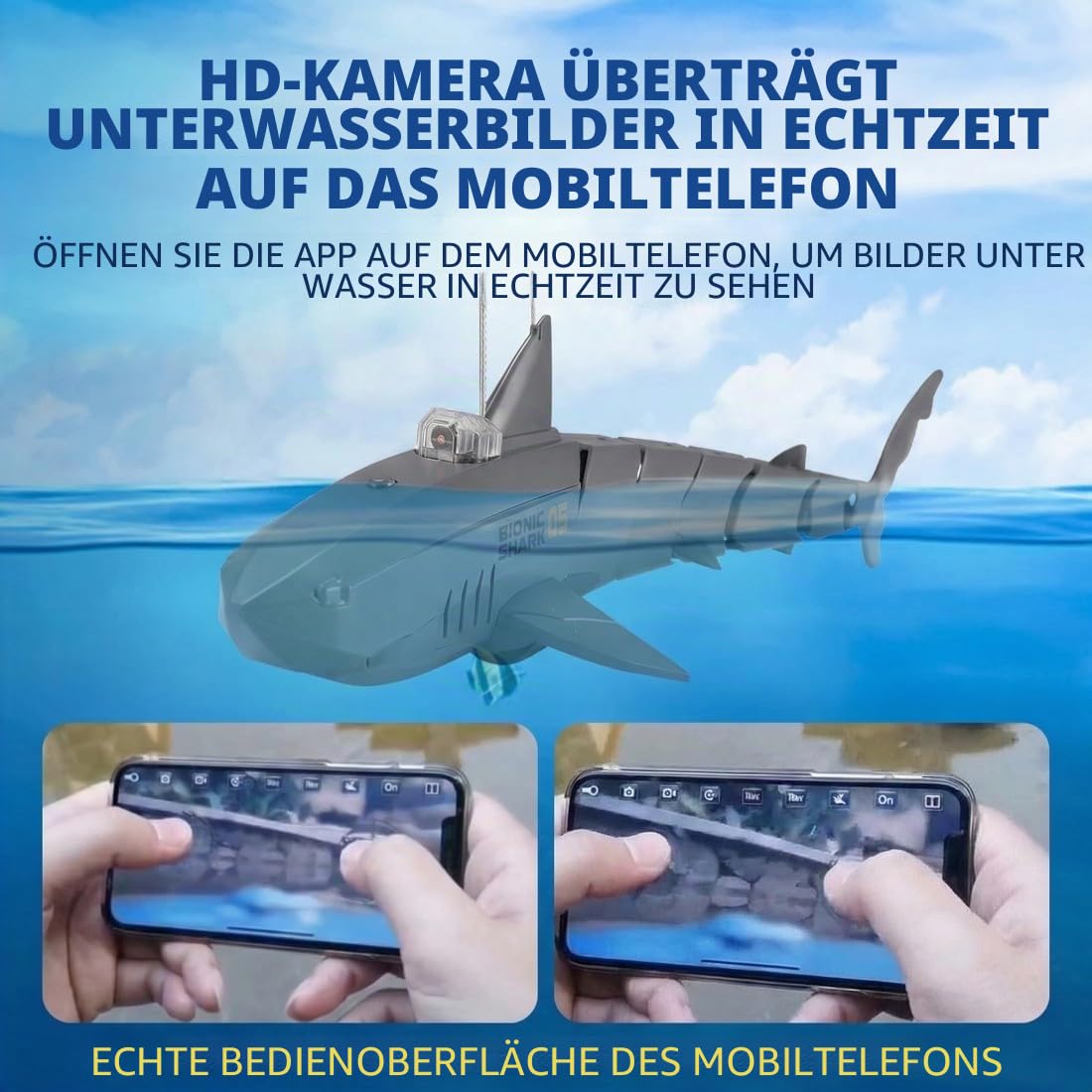2,4GHz Ferngesteuerter RC-Hai mit APP-Kamera – Wasserdichtes Hai-Boot mit Doppelmotor, 360° Drehung und Wiederaufladbarem Akku, Sommer-Wasserspielzeug für Pool und See (Schwarz)