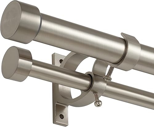 Barras de cortina dobles de níquel cepillado de 72 a 144 pulgadas (6-12 pies), 1 pulgada delantera y 58 pulgadas trasera ajustable con tapa de