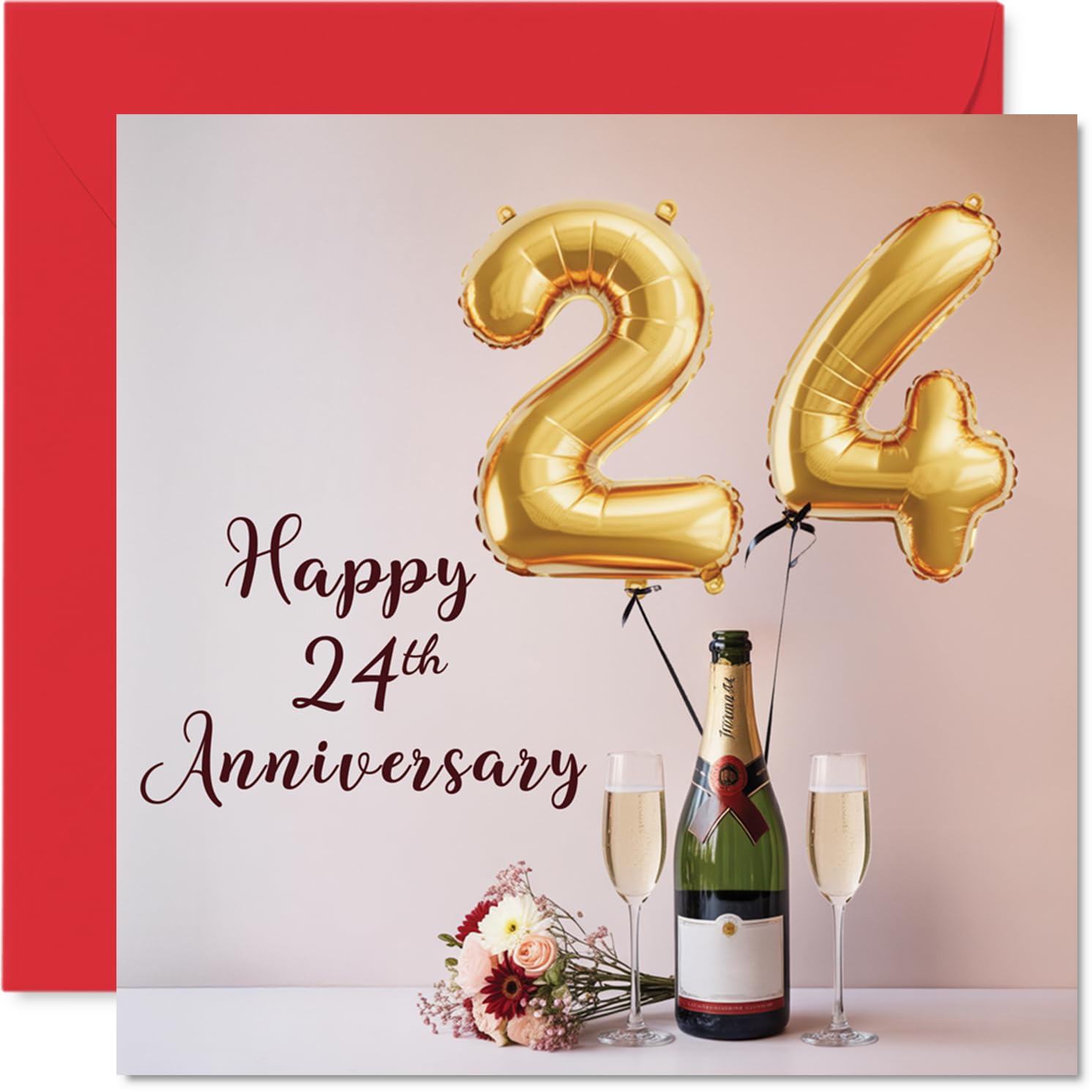 24th Anniversary Card for Women and Men, Balloons & Bottle of Bubbly