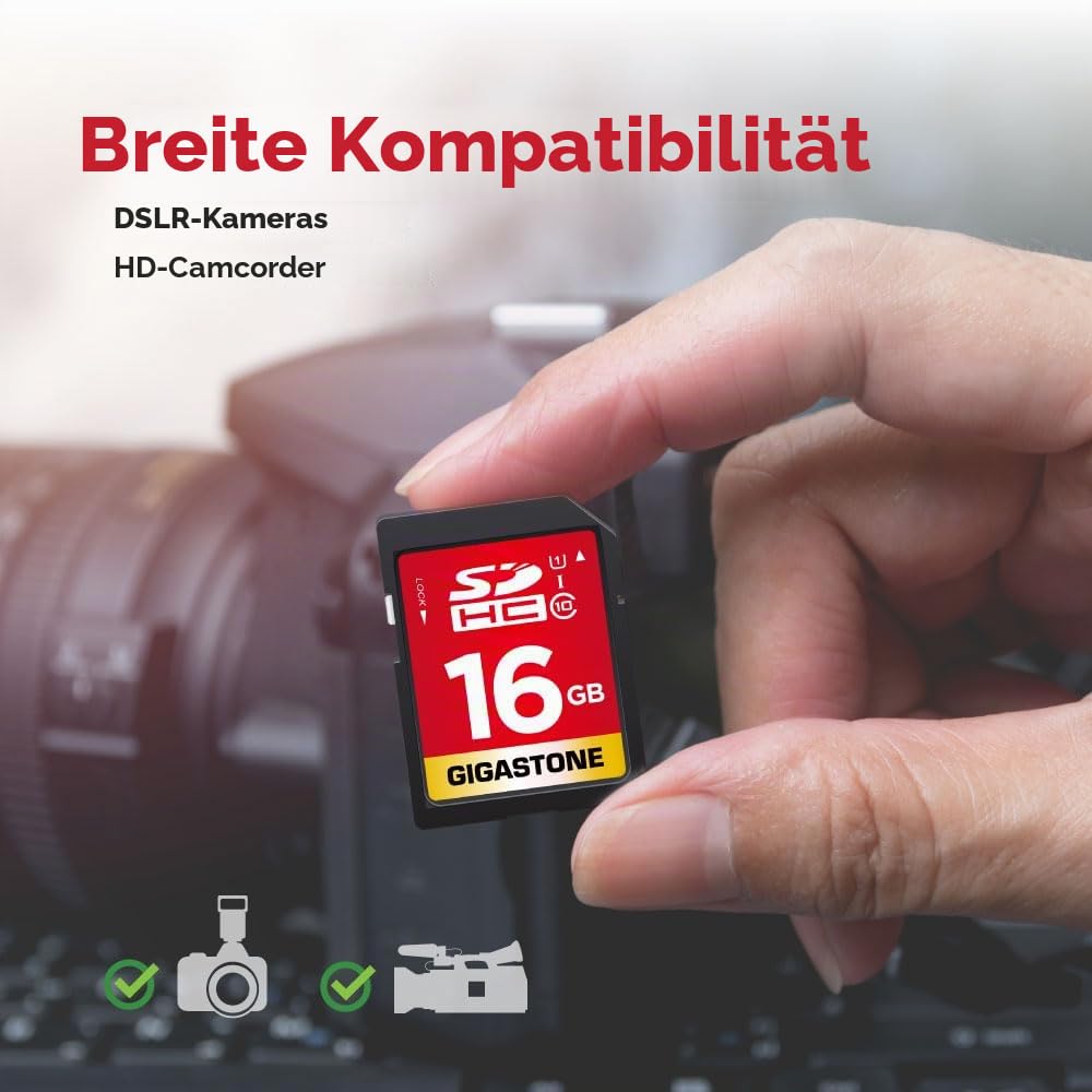 Gigastone 16 GB SDHC-Speicherkarte, 2 Stück, Prime-Serie, Übertragungsgeschwindigkeit bis zu 80 MB/s, für Fotos, Videos, Musik, Dateien, Camcorder, Kamera, PC, Klasse 10 U1 UHS-I