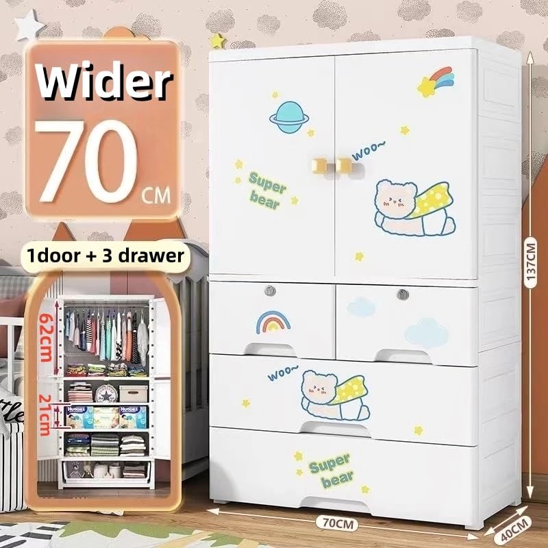 Image of Portable Collapsible Wardrobe for Kids Plastic Storage - Cloth Organizer Cupboard /Multipurpose Storage /Closet for Bedroom /Living Room /Easy to Assemble Room & Home (White-Bear)
