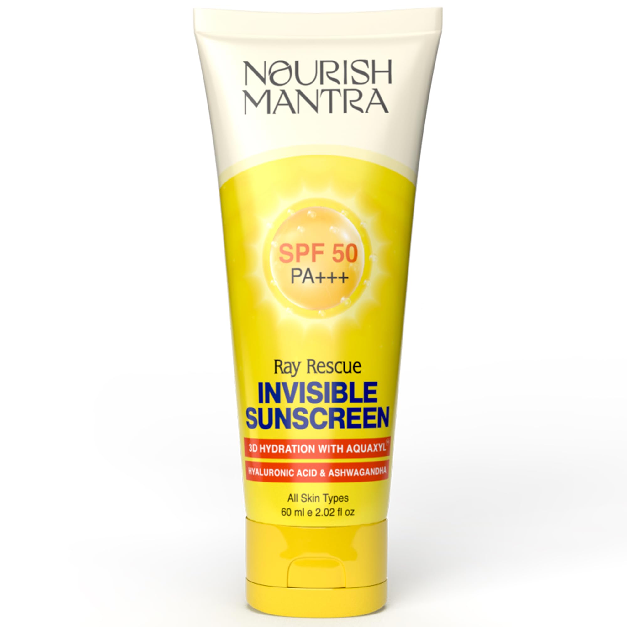 Ray Rescue Sunscreen/Sunscreen SPF 50/ Formulated With Hyaluronic Acid, Aquaxyl, Aloe Vera Extracts & Ashwagandha Extracts/No White Cast/For Both Men & Women /60ml