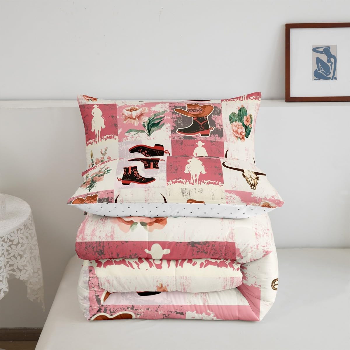 Feelyou Rustic Western Cowgirl Comforter Set Full Size Horseshoe Bull Horse Bedding Set for Kids Boys Adults Teens Vintage Farmhouse Pink Comforter Geometric Grid Quilt Set for Bedroom Decor