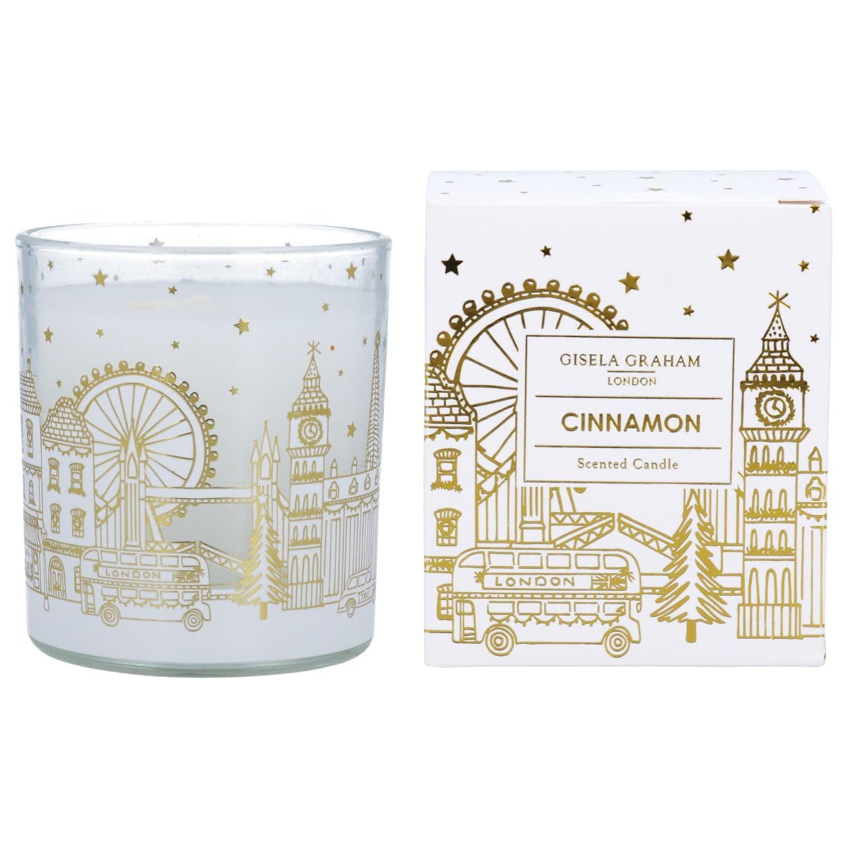 London Skyline Cinnamon Scented Candle – Christmas Scented Candle in Frosted Glass Jar with Gold London Design, Festive Home Fragrance Gift