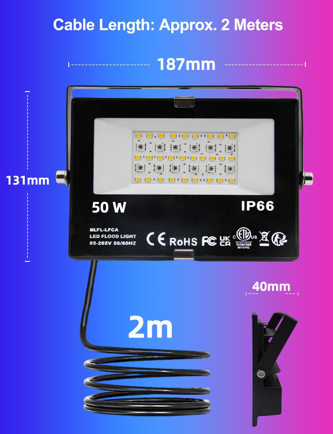 HEKEE Projecteur LED RGB 50W Bluetooth IP66 Etanche Extérieur 2 Unités