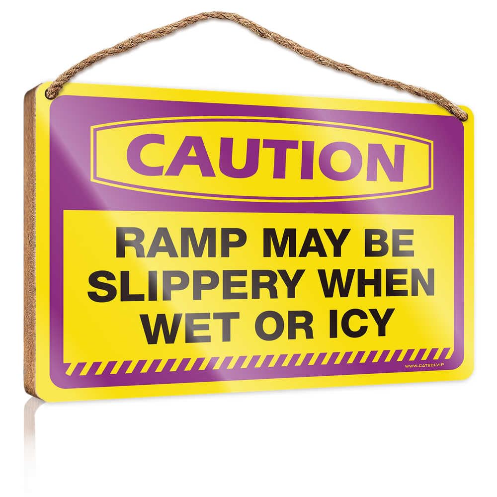 Office Sign For Door Wood Caution Ramp May Be Slippery When Wet Or Icy Wooden Sign Winter Door Decorations Funny Office Door Signs(23X35CM)