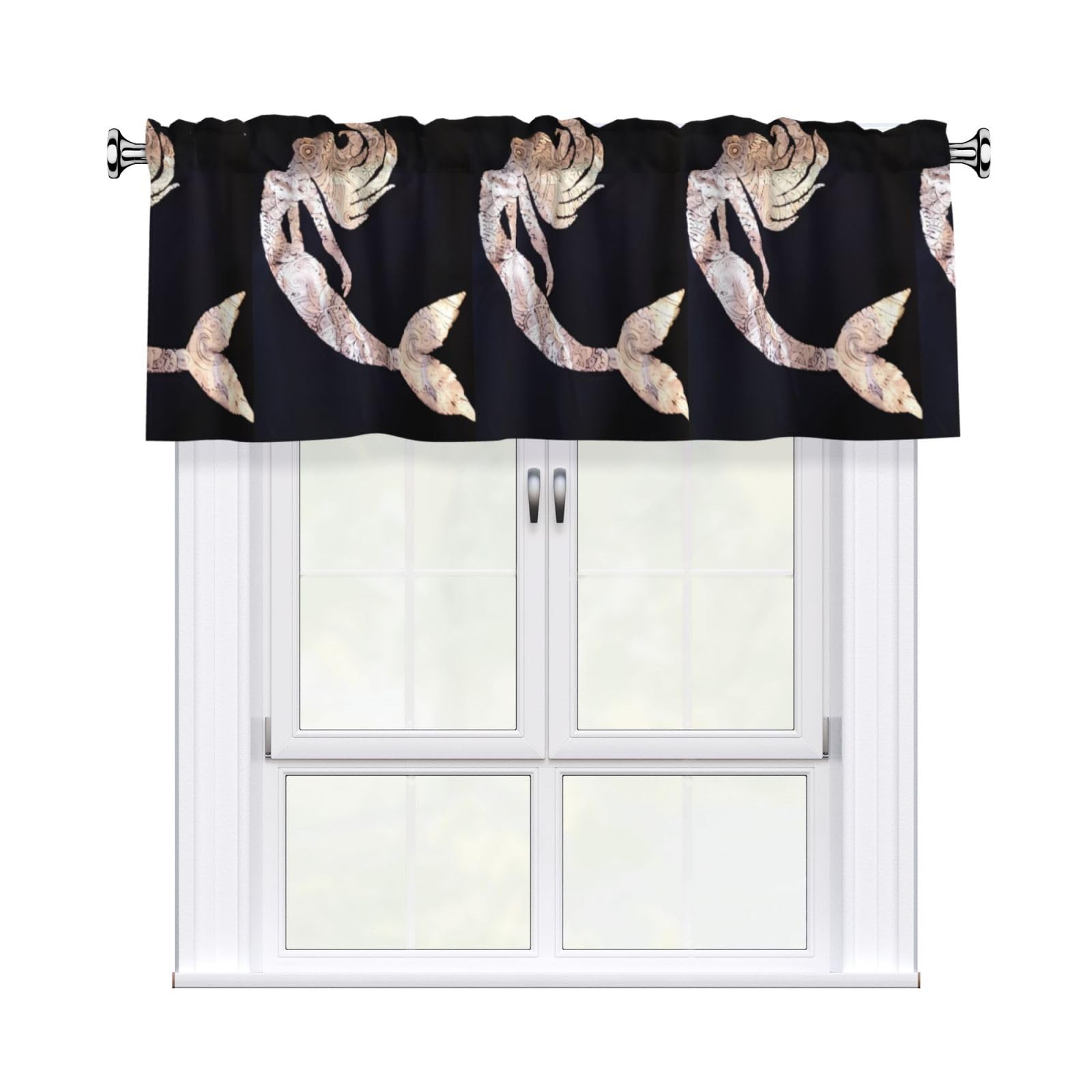 WHJDPP Black Mermaid Prints Charming Kitchen Window Cover – 54x18 Inch Peach Skin Valance with Decorative Print
