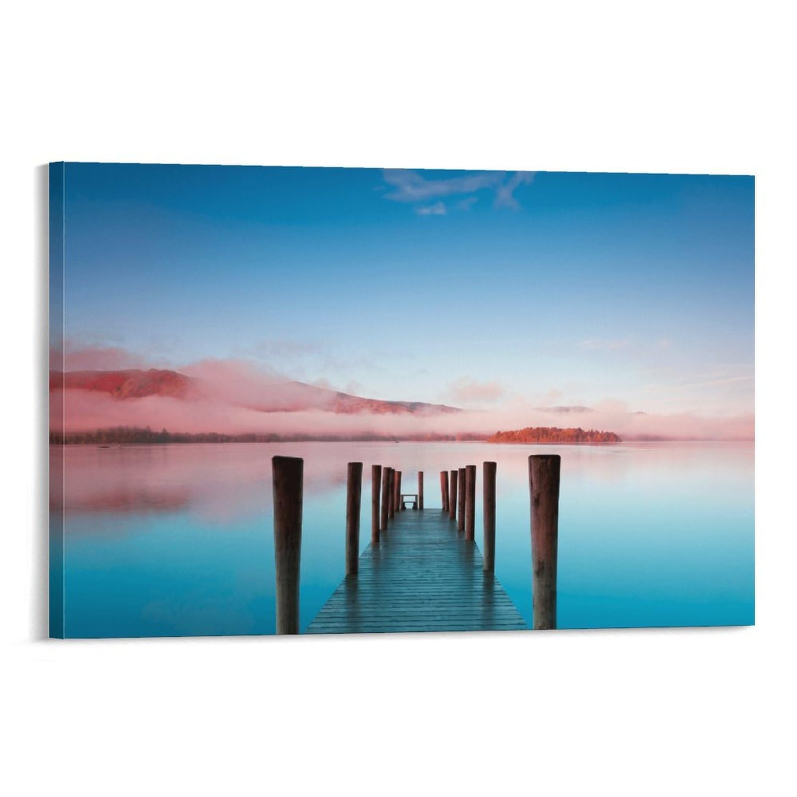 XPASHIQWC Pink Mist Lake Wall Decor Poster Wooden Pier Canvas Prints Picture Modern Wall Art Picture Wall Hanging for Living Room Home Decorations 24x36inch(60x90cm)