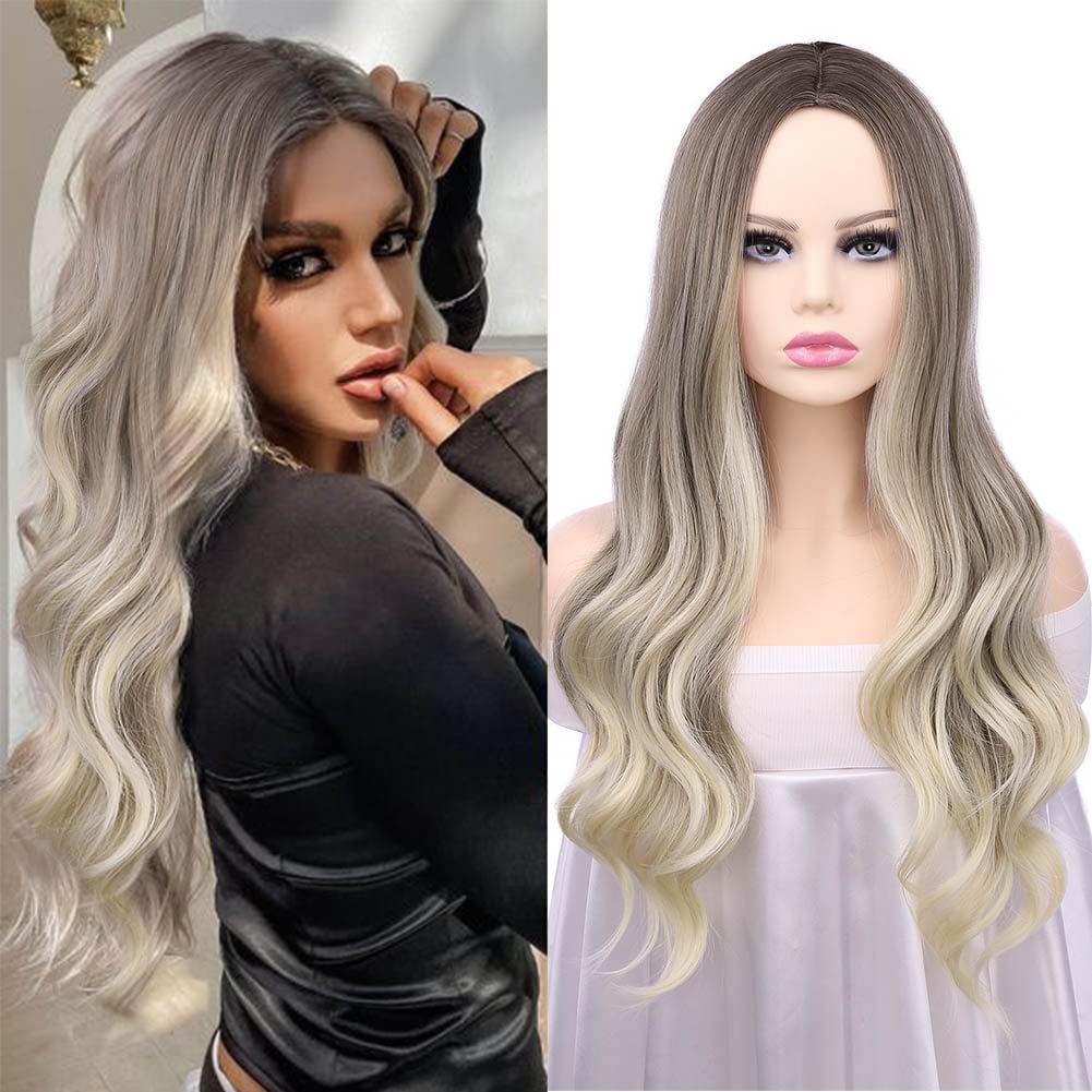 Fancy HairLong Blonde Wavy Wigs for Women Middle Part Brown to Ash Blonde Wig Natural Looking Synthetic Heat Resistant Fiber Wigs Hair for Daily Party Use (4/22/613)