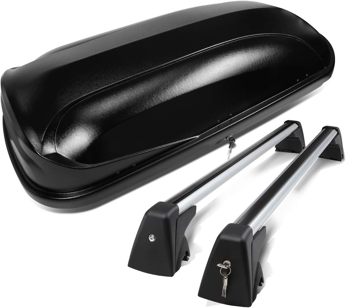 DNA Motoring Rooftop Cargo Box Carrier Compatible with 10-15 BMW X1, Lockable Waterproof Hard Shell Top Mount Carrier w/Lock+Keys + Pair Aluminum Roof Rail Cross Bars, Black, PT-ZTL-8134-BK