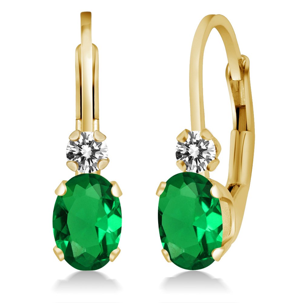 Gem Stone King 14K Yellow Gold Green Nano Emerald and White Diamond Leverback Earrings For Women | 0.87 Cttw | Gemstone May Birthstone | Oval 6X4MM |