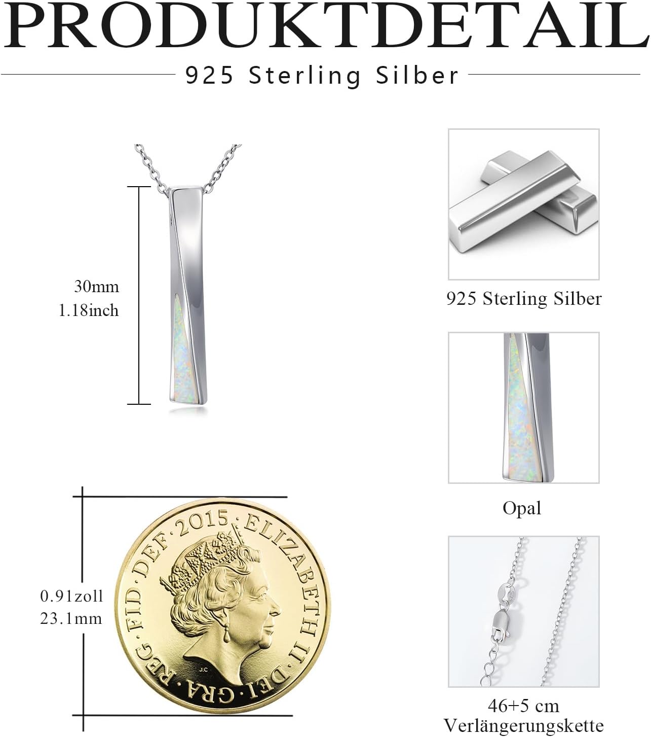 Opal Bar Necklace for Women 925 Sterling Silver Long Opal Pendant Gifts for Women Her Mom Wife Grandma on Valentines Mothers Day Christmas Anniversary - Image 3