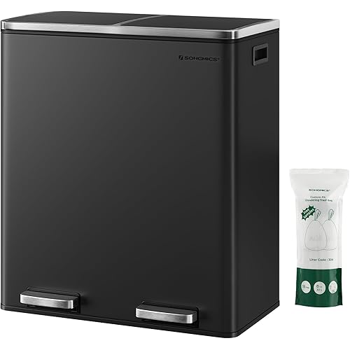 SONGMICS, Plastic, Hinged Lids, Handles Dual Garbage Can, 16 Gal (60L) Rubbish 15 Trash Bags, Metal Step Bin, with Inner Buckets Soft Closure, 2 x 8 Gallon, Black
