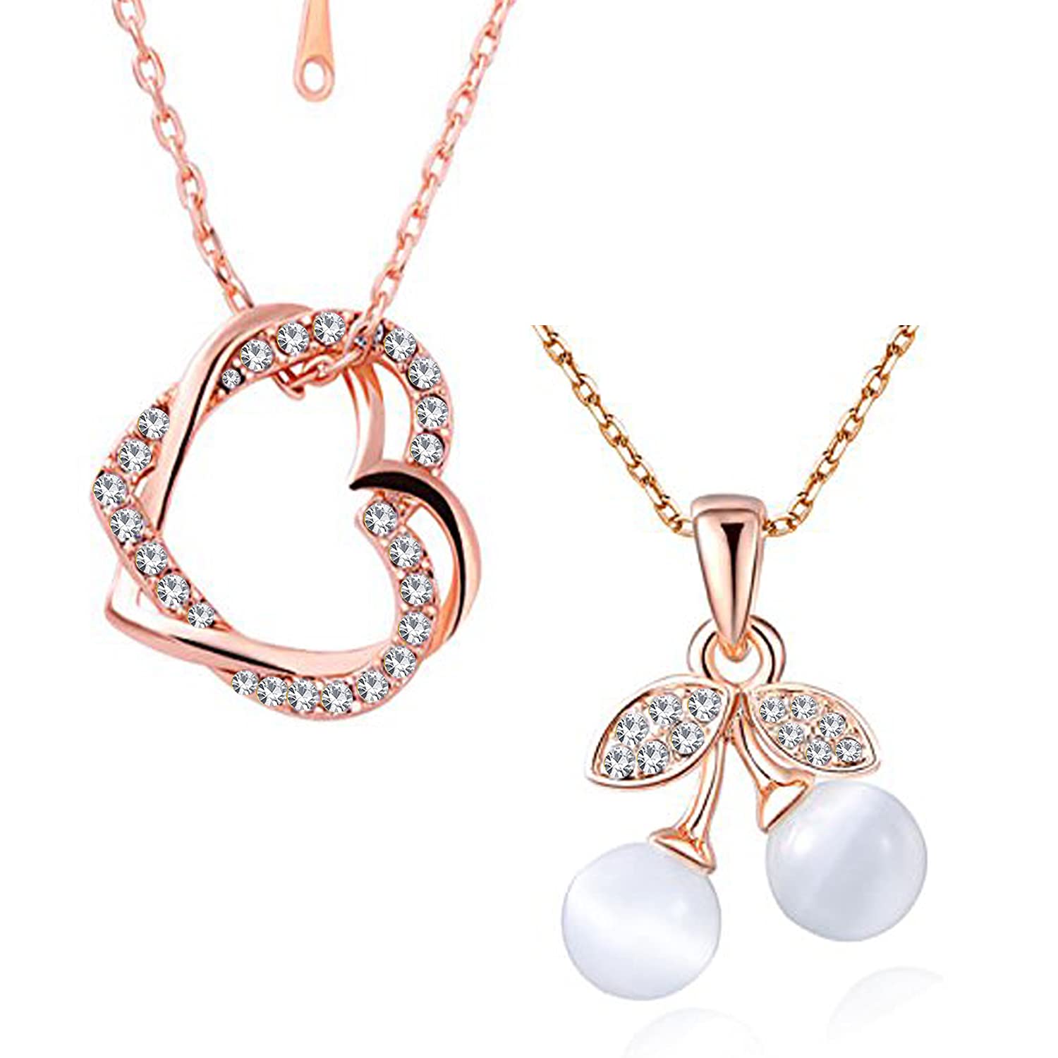 Rose Gold Plated Combo Of 2 Dual Heart Pendant And Cherry Alloy Pendant With White Crystal Stones For Girls And Women CO1000385-image-48