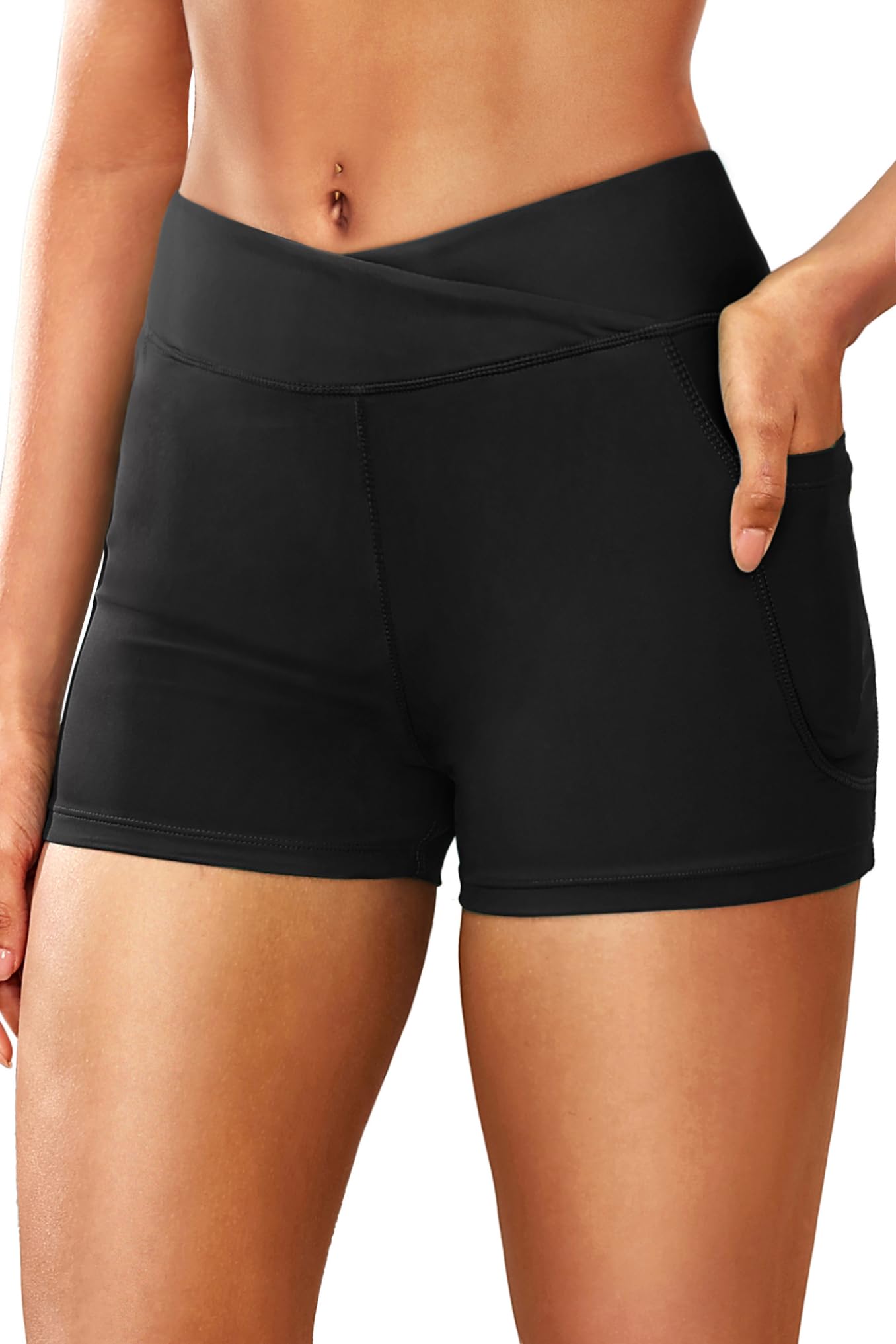 Women 3 High Waisted Swim Board Shorts V Cross Boy Shorts Swim Bathing Suit Bottoms Swimwear with Pockets
