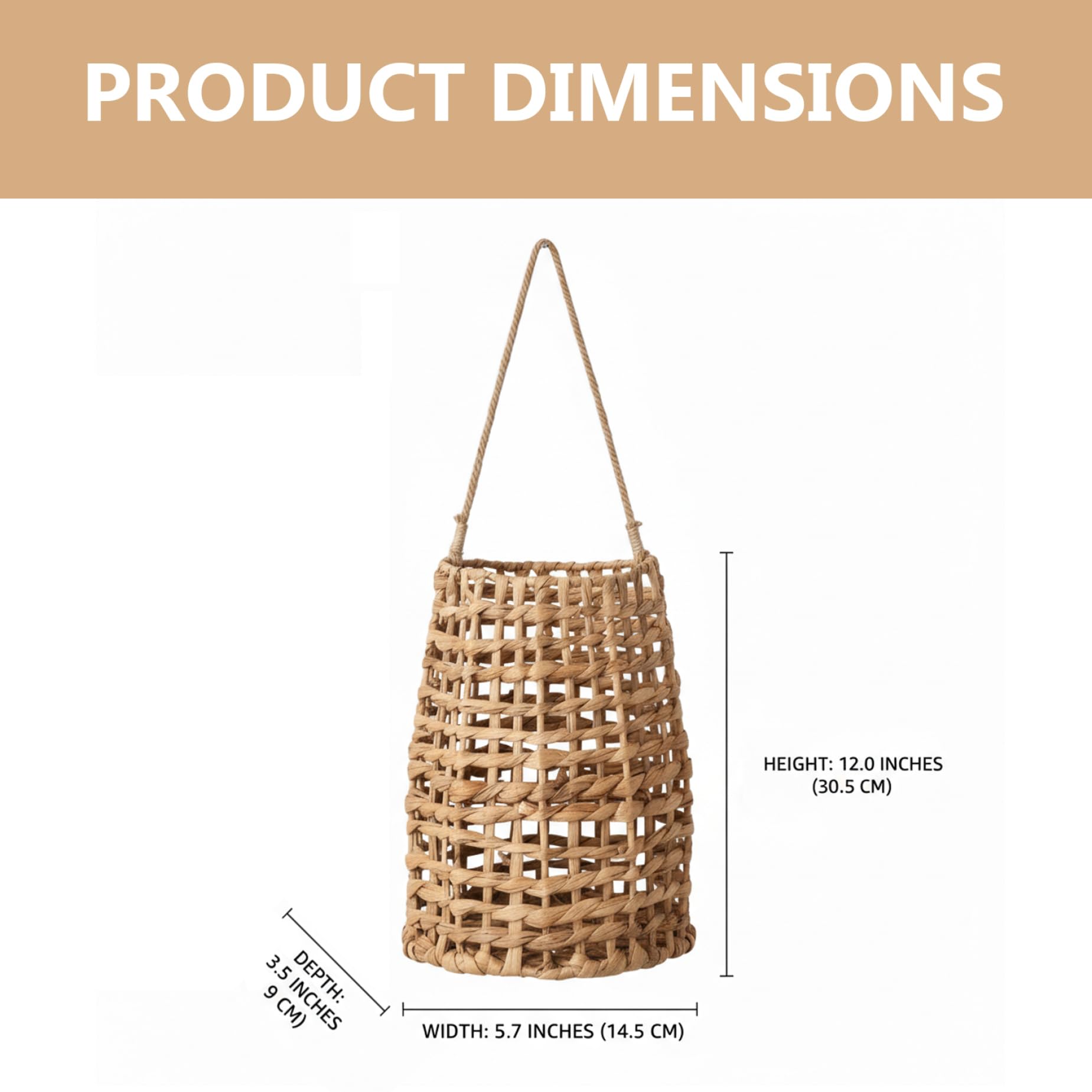 Cesta colgante de mimbre, cesta tejida a mano para colgar en la pared, cestas de pared de ratán natural, decoración, almacenamiento multiusos para cocina, baño, sala de estar, jardín de 6x3, 5x12 p.