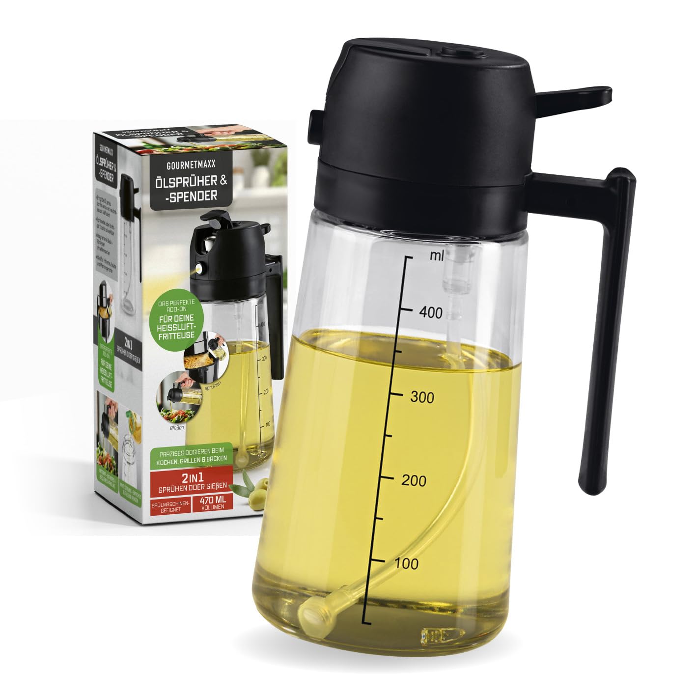 GOURMETmaxx 2-in-1 Ölsprüher & Ölspender aus Glas | feiner Nebel (0,15 g/Stoß) oder Ölstrahl | 470 ml Ölgießer, spülmaschinenfest, nachfüllbar | ideal für Heißluftfritteuse, Grill & Pfanne