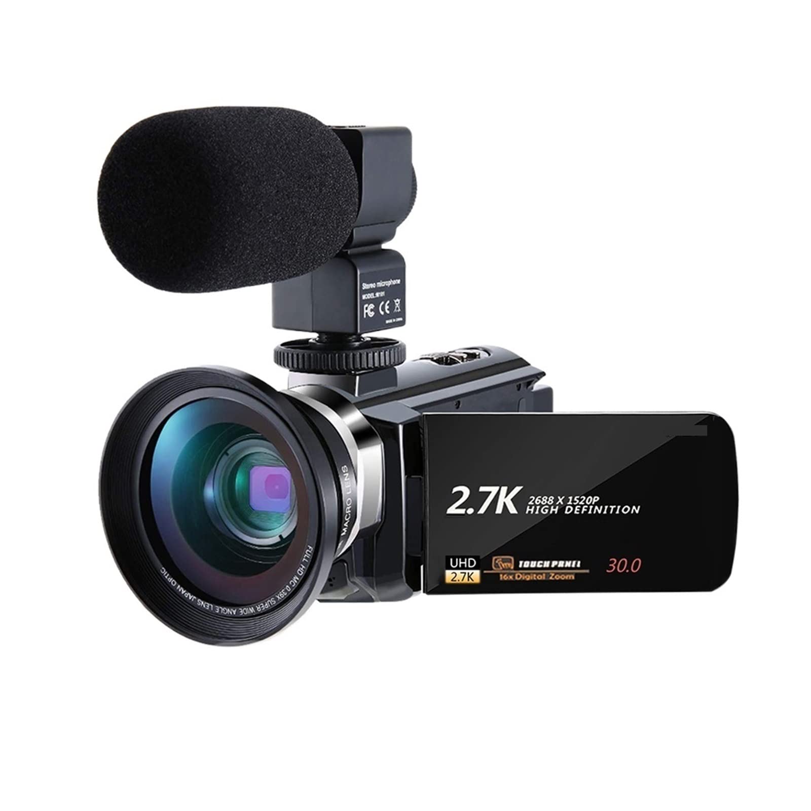 Kamera wideo 2,7 K Kamera cyfrowa Livestream do użytku domowego 16-krotny zoom 30 MP Vlog Kamera internetowa 3.0 Obrót ekranu dotykowego Prezent dla początkujących(With Lesn MIC)