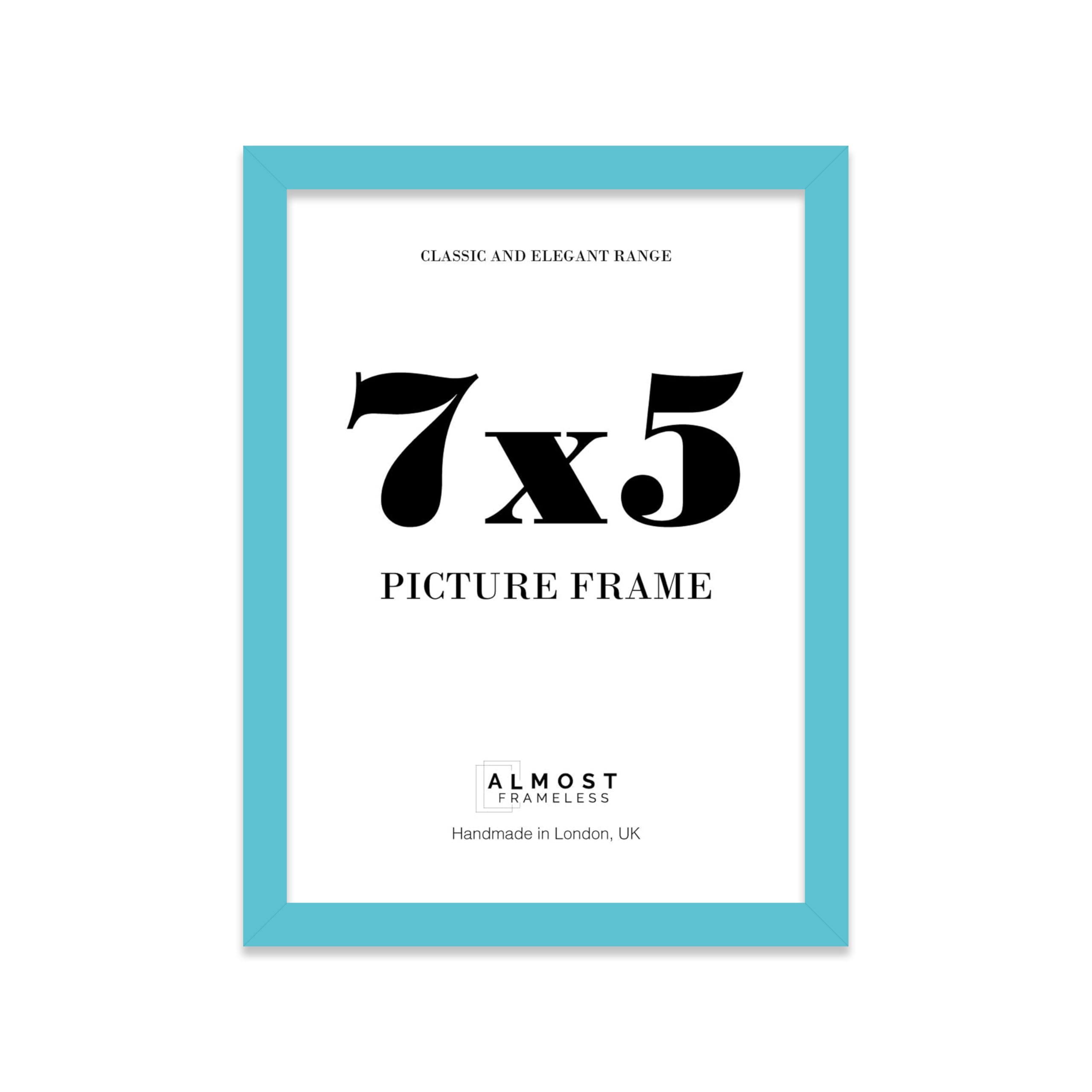 Almost Frameless 7x5 Turquoise Picture Frame 7"x5"(17.7x12.7cm) Poster, Photo, Artwork, or Print. Thin Edge Slim Frame Portrait and Landscape Display with Wall Hooks